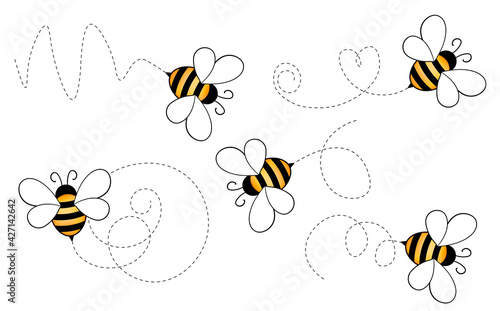 Set of cartoon bee mascot. A small bees flying on a dotted route. Wasp collection. Vector characters. Incest icon. Template design for invitation, cards. Doodle style