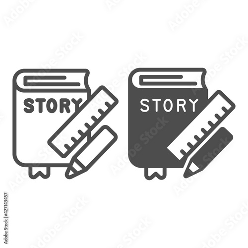 Story book, ruler, pencil line and solid icon, children book day concept, ruler, pencil vector sign on white background, story book outline style for mobile concept and web design. Vector graphics.