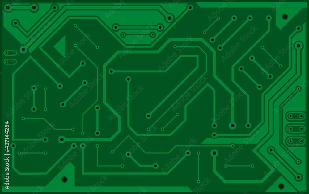 Circuit board, technology green background. Digital electronic texture, high tech pattern. Vector wallpaper