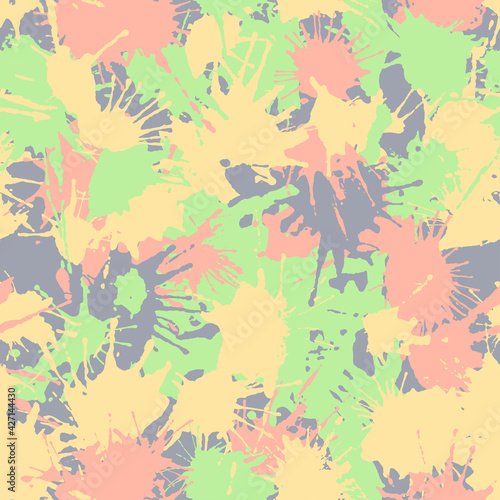 Hand drawn camouflage texture in delicate colors for printing on fabrics for children s and sportswear. Blots camo seamless pattern of paint splashes spots. Vector background.