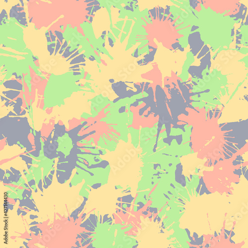 Hand drawn camouflage texture in delicate colors for printing on fabrics for children's and sportswear. Blots camo seamless pattern of paint splashes spots. Vector background.