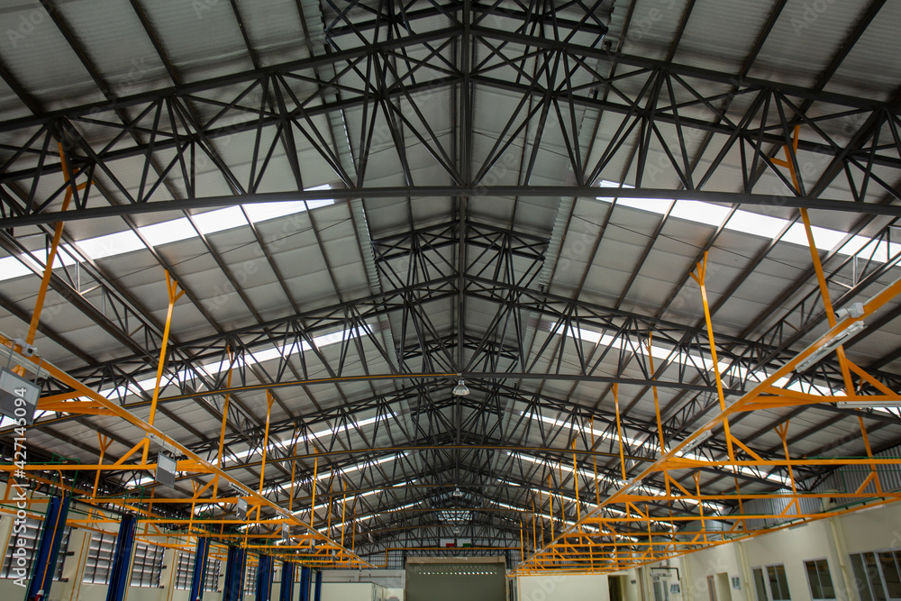 Steel roof frame, Car repair service center, The interior of a big industrial building or factory with steel constructions, inside the roof structure