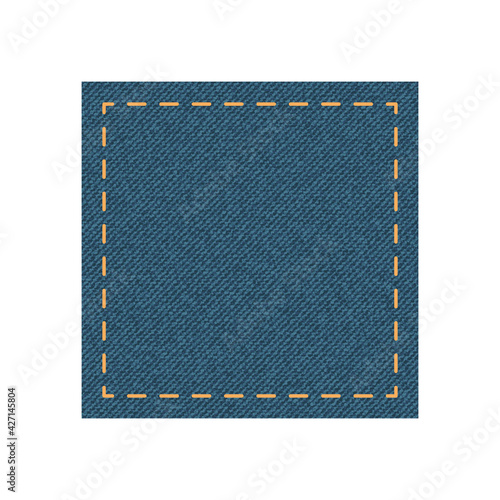 Denim square shape with stitch. Vector isolated illustration. All over jeans pattern fabric cloth. Modern Fashion Textile patch on white background.