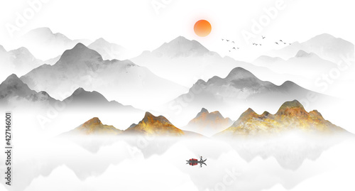 Hand painted Chinese style golden Abstract landscape painting photo