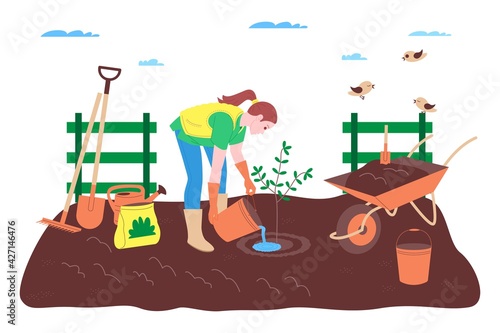 Farm, farming and agriculture. A farmer worker works on a farm, orchard, or vegetable garden: digging the ground, making beds, planting seedlings of vegetables and fruits, and watering the plants.