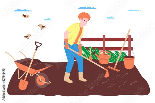 Farm, farming and agriculture. A farmer worker works on a farm, orchard, or vegetable garden: digging the ground, making beds, planting seedlings of vegetables and fruits, and watering the plants.