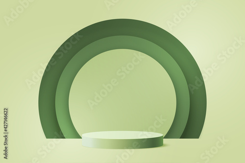 3d Paper cut abstract minimal geometric shape template background.Green cylinder podium on green circle background.
