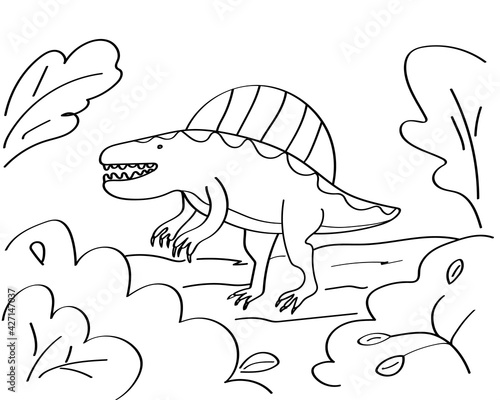 Dinosaur Hand-drawn coloring page for kids. The spinosaurus dinosaur. It can be used for children's creativity and education. Black outline isolated on a white background. Vector 