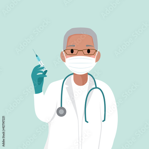 Doctor or therapist in protective medical mask holding a syringe. Kids immunization. Covid19 immunization. Covid-19 corona virus vaccination. Coronavirus. Vaccination concept vector flat illustration.