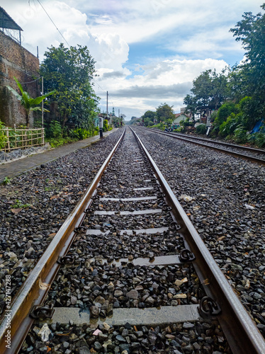 Railroad tracks shoot after rain. eye level angle view.