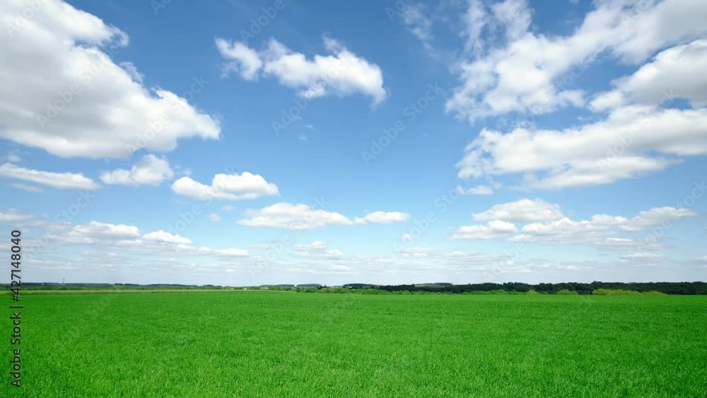 Time-lapse, panorama of green grassland, blue sky and rolling white clouds background Time-lapse, panorama of green grassland, blue sky and rolling white clouds background