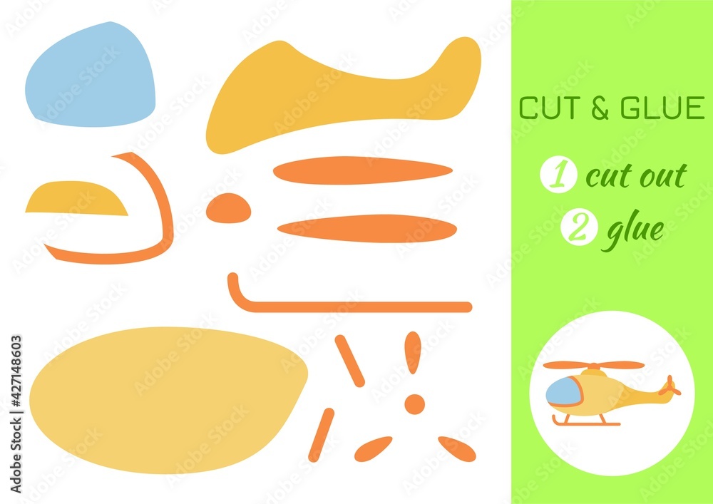 Naklejka premium Cut and glue paper cartoon yellow helicopter. Cut and paste craft activity page. Educational game for preschool children. DIY worksheet. Kids logic game, activities jigsaw. Vector stock illustration.