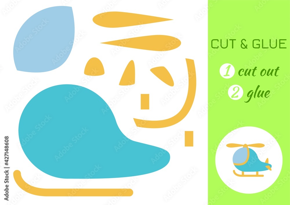 Cut and glue paper cartoon turquoise helicopter. Cut and paste craft activity page. Educational game for preschool children. DIY worksheet. Kids logic game, activities jigsaw. Vector illustration