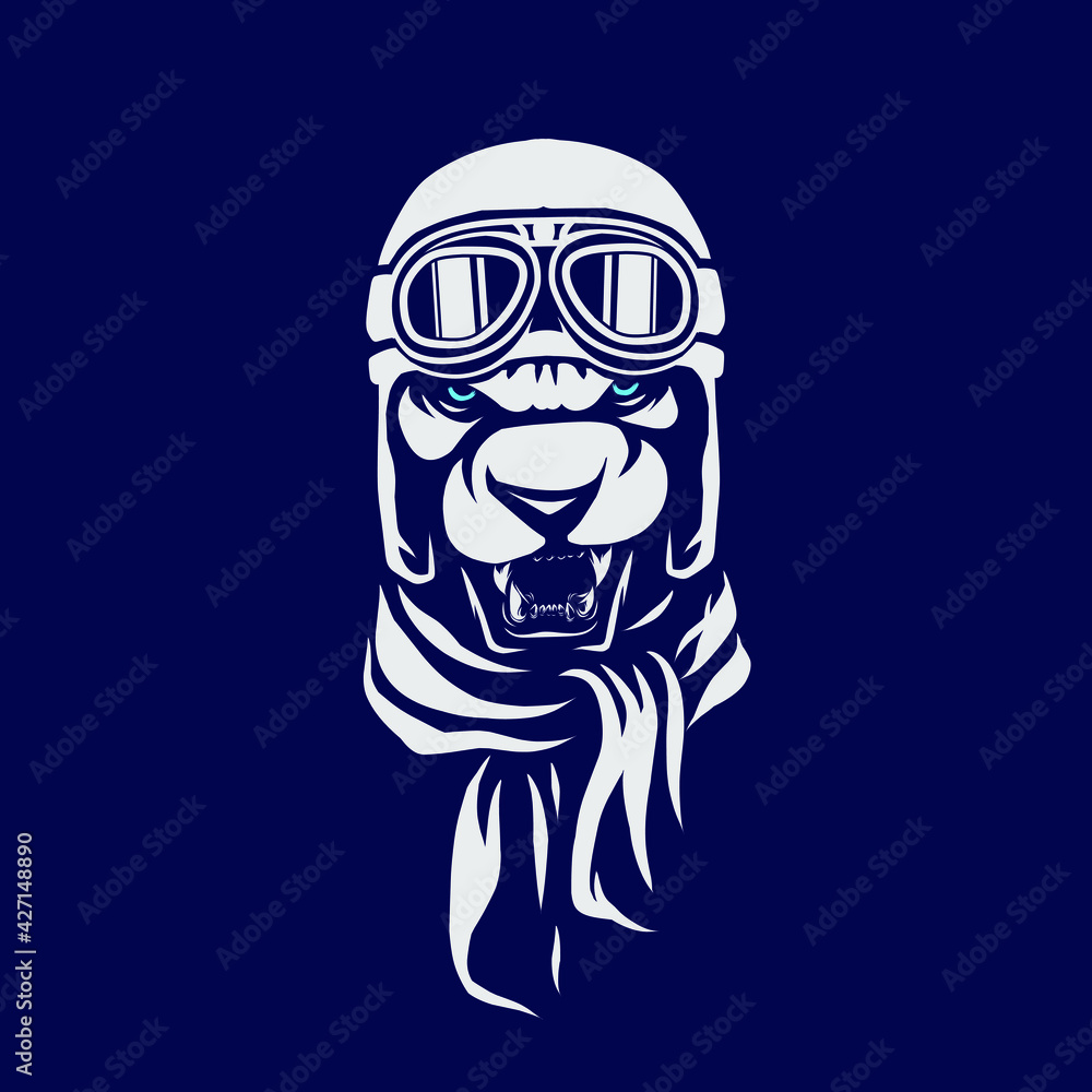 Funny funky aviator pilot lion Line. Pop Art logo. Colorful design with dark background. Abstract vector illustration. Funny funky aviator pilot lion Line. Pop Art logo. Colorful design with dark background. Abstract vector illustration.