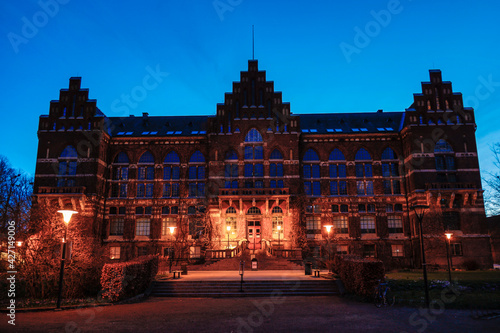 Lund, Sweden The grounds of the University of Lund and the Univetrsity library at night.