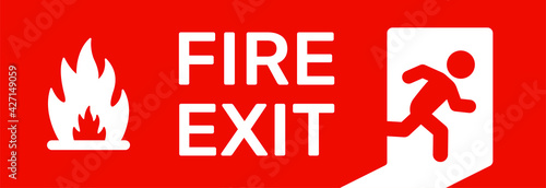 Emergency fire exit sign. Running man icon to door. 
Red color. arrow vector. 