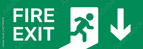 Fire exit running man with downward arrow banners sign.