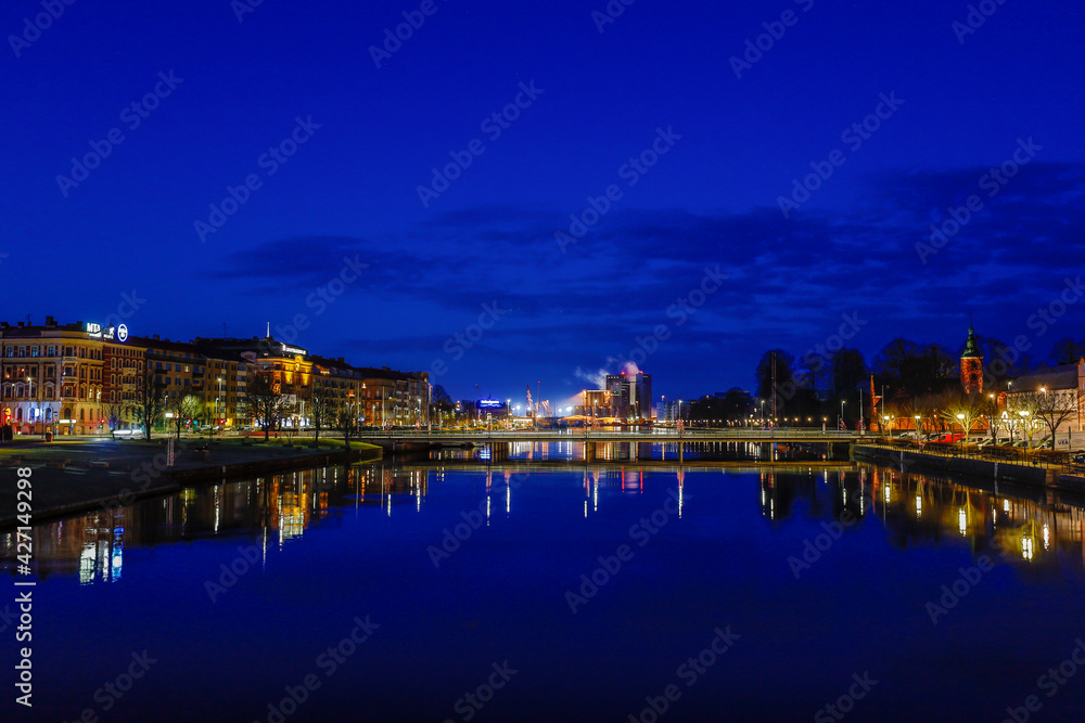 Halmstad, Sweden, The skyline of the city at night.