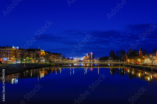 Halmstad, Sweden, The skyline of the city at night.