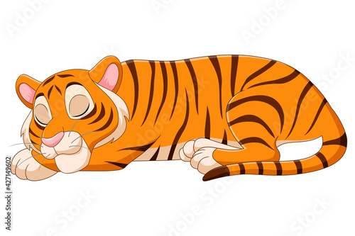 Cartoon funny tiger sleeping on white background