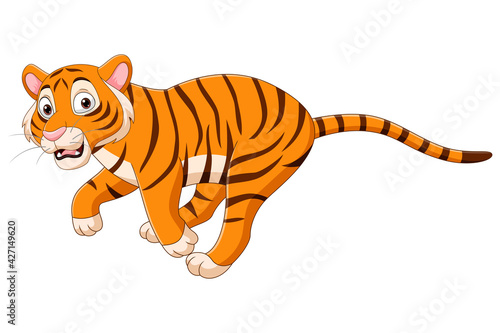 Fototapeta Naklejka Na Ścianę i Meble -  Cartoon funny tiger running on white background