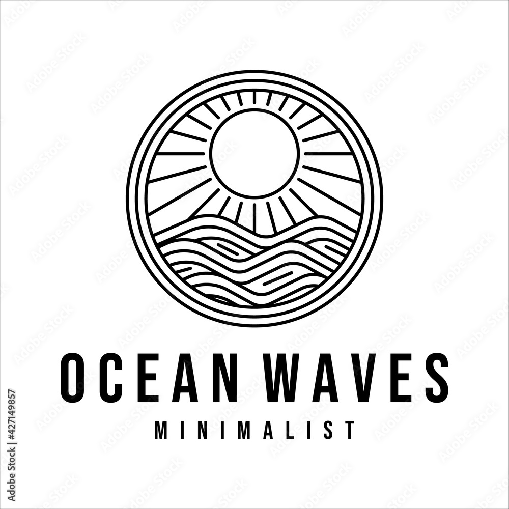ocean waves line art logo vector illustration template design. sea wave with sun badge icon creative design ocean waves line art logo vector illustration template design. sea wave with sun badge icon creative design