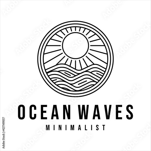 ocean waves line art logo vector illustration template design. sea wave with sun badge icon creative design