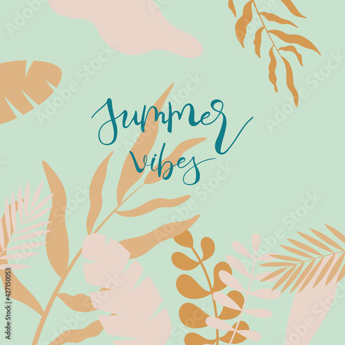 Summer card with leaves and lettering text