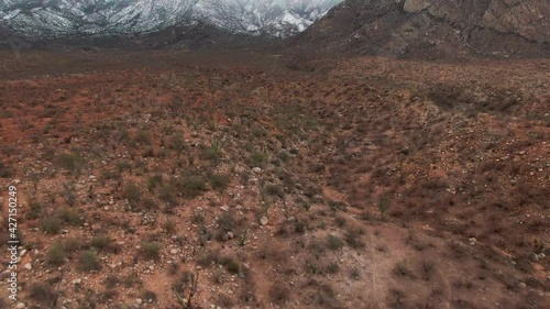 Desert Flyover with Snow Covered Mountains