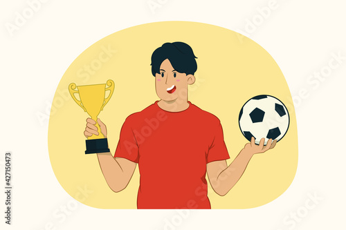 Young man football fan hold golden cup concept