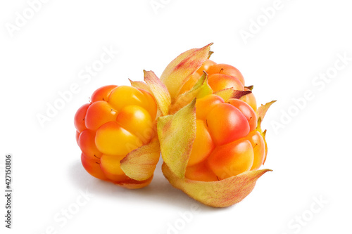 Three ripe cloudberries isolated on white background