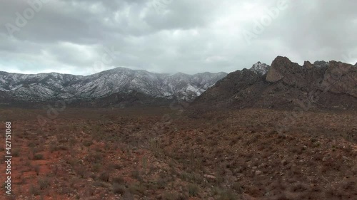 Desert Flyover with Snow Covered Mountains