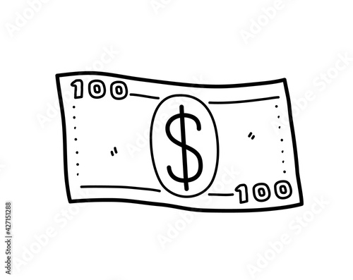 100 dollar paper bill money doodle, a hand drawn vector doodle illustration of a money with dollar currency symbol, isolated on white background.