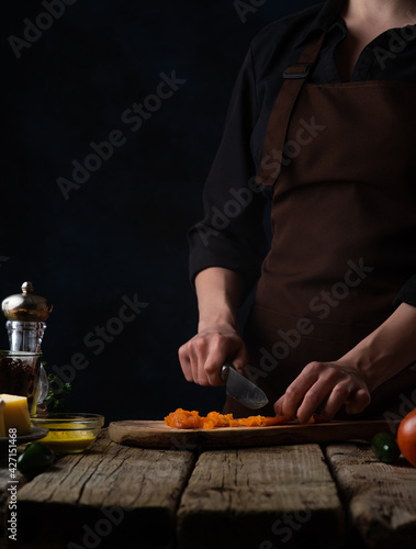 Chef Cuts Dried Apricots Salad Background Ingredients Culinary Recipes Illustrating Food Process