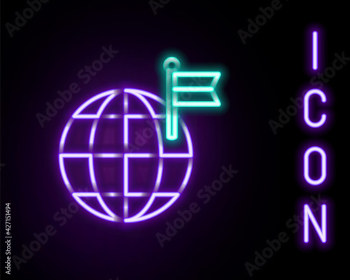 Glowing neon line Planet with flag icon isolated on black background. Victory, winning and conquer adversity concept. Colorful outline concept. Vector