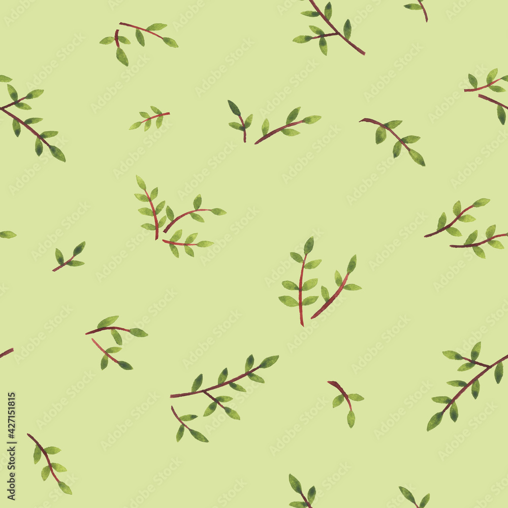 Floral seamless pattern with small green twigs for fashion fabric. Ditsy print. Watercolor hand drawn painting illustration isolated on green background Floral seamless pattern with small green twigs for fashion fabric. Ditsy print. Watercolor hand drawn painting illustration isolated on green background