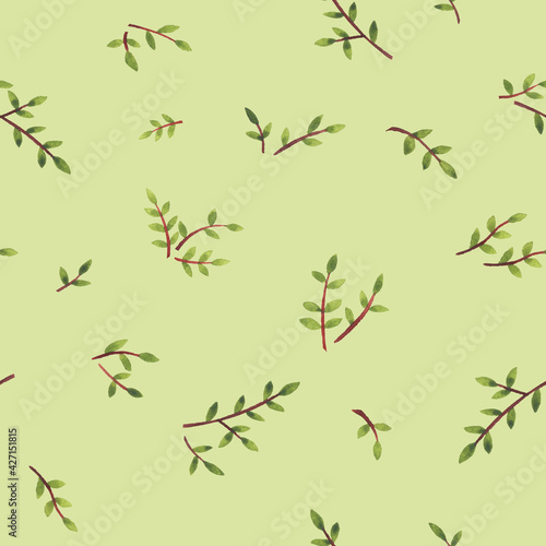 Floral seamless pattern with small green twigs for fashion fabric. Ditsy print. Watercolor hand drawn painting illustration isolated on green background