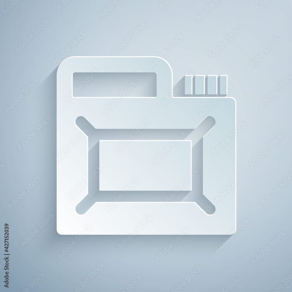 Paper cut Canister for motor machine oil icon isolated on grey background. Oil gallon. Oil change service and repair. Engine oil sign. Paper art style. Vector Paper cut Canister for motor machine oil icon isolated on grey background. Oil gallon. Oil change service and repair. Engine oil sign. Paper art style. Vector
