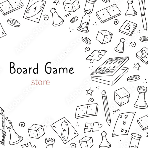 Hand drawn banner template with of board game element. Doodle sketch style. Vector illustration for board game shop, store background, game competition banner, frame