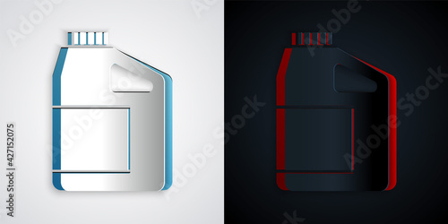 Paper cut Canister for motor machine oil icon isolated on grey and black background. Oil gallon. Oil change service and repair. Engine oil sign. Paper art style. Vector