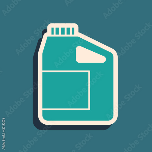 Green Canister for motor machine oil icon isolated on green background. Oil gallon. Oil change service and repair. Engine oil sign. Long shadow style. Vector