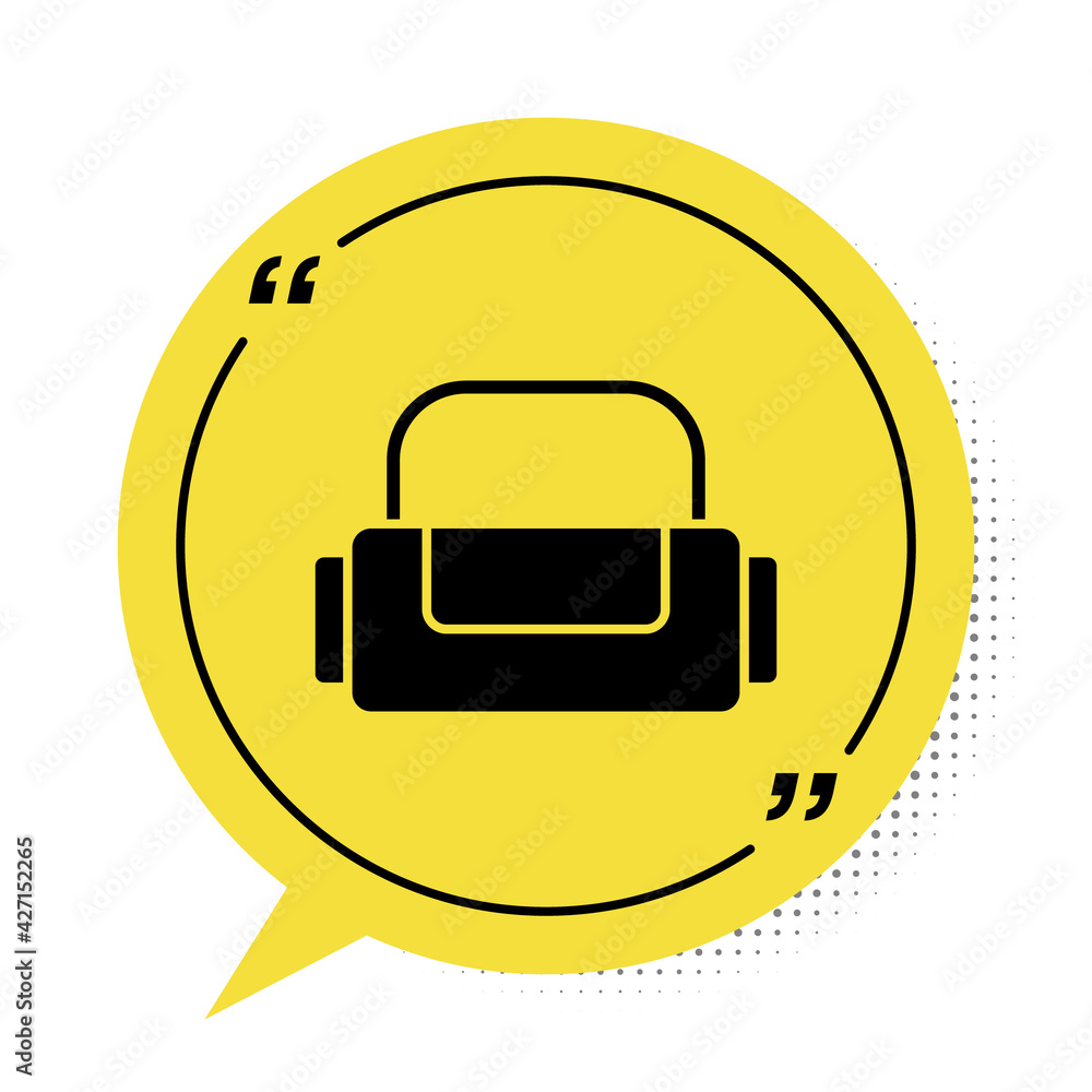 Black Sport bag icon isolated on white background. Yellow speech bubble symbol. Vector Black Sport bag icon isolated on white background. Yellow speech bubble symbol. Vector