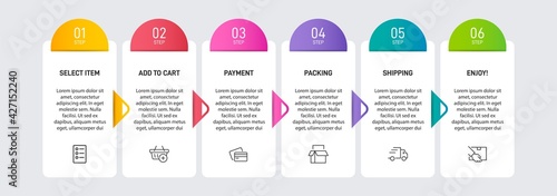 Concept of shopping process with 6 successive steps. Six colorful graphic elements. Timeline design for brochure, presentation, web site. Infographic design layout.