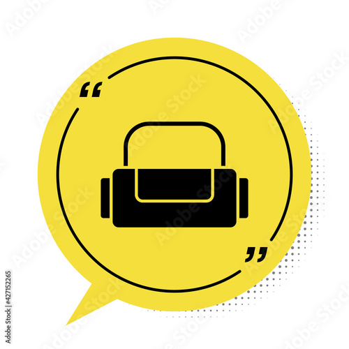 Black Sport bag icon isolated on white background. Yellow speech bubble symbol. Vector