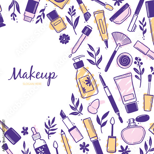 Hand drawn template with makeup beauty cosmetic elements, mascara, cream bottle, skin brush. Doodle sketch style. Illustration for makeup, beauty salon, cosmetic store banner, frame, poster design.