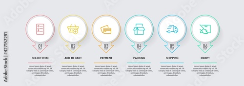 Concept of shopping process with 6 successive steps. Six colorful graphic elements. Timeline design for brochure, presentation, web site. Infographic design layout.