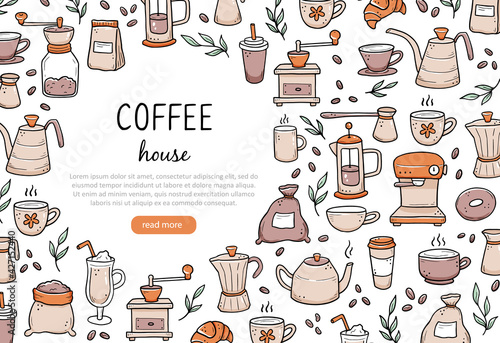 Hand drawn of website banner template with assorted coffee makers and desserts on white background. Doodle sketch style. Vector illustration for coffee shop, cafe, restaurant banner, background, frame