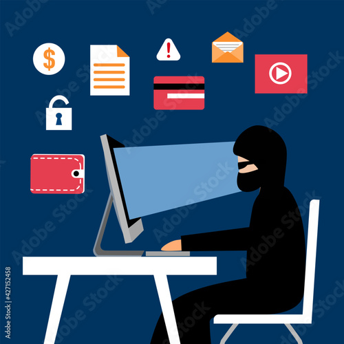 Internet hacker stealing money and personal data from website computer. Cybercrime. Online payment scam concept.