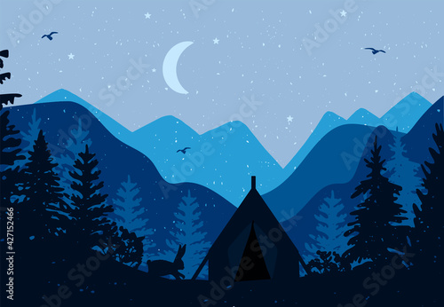 tent in the forest. bunny in the forest. Mountain landscape. Vector graphics. EPS format