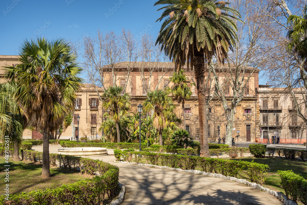 Villa Bonanno public garden in March in Palermo, Italy